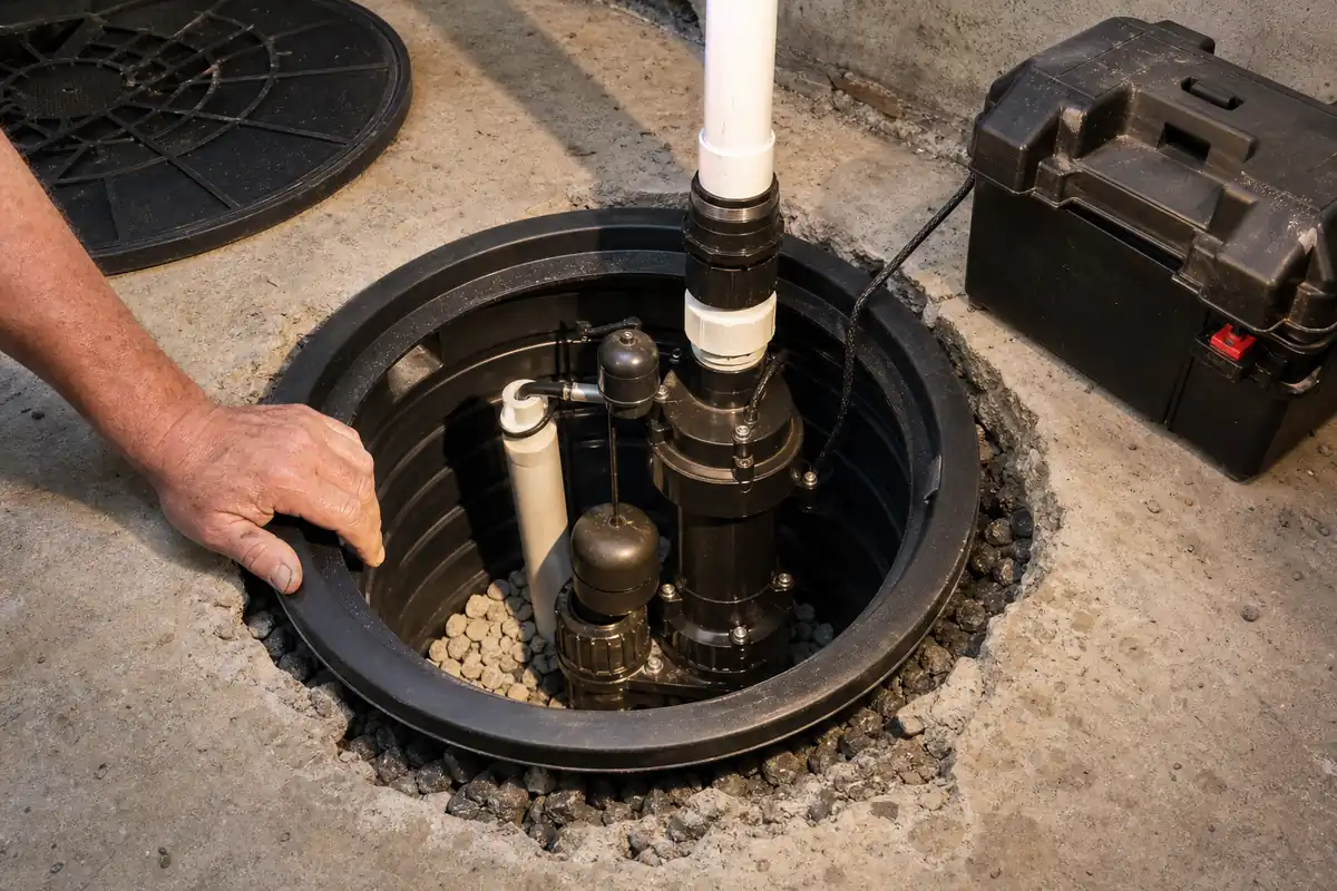 Newly installed lined sump basin with primary pump, check valve, and battery backup in a Canton Ohio basement